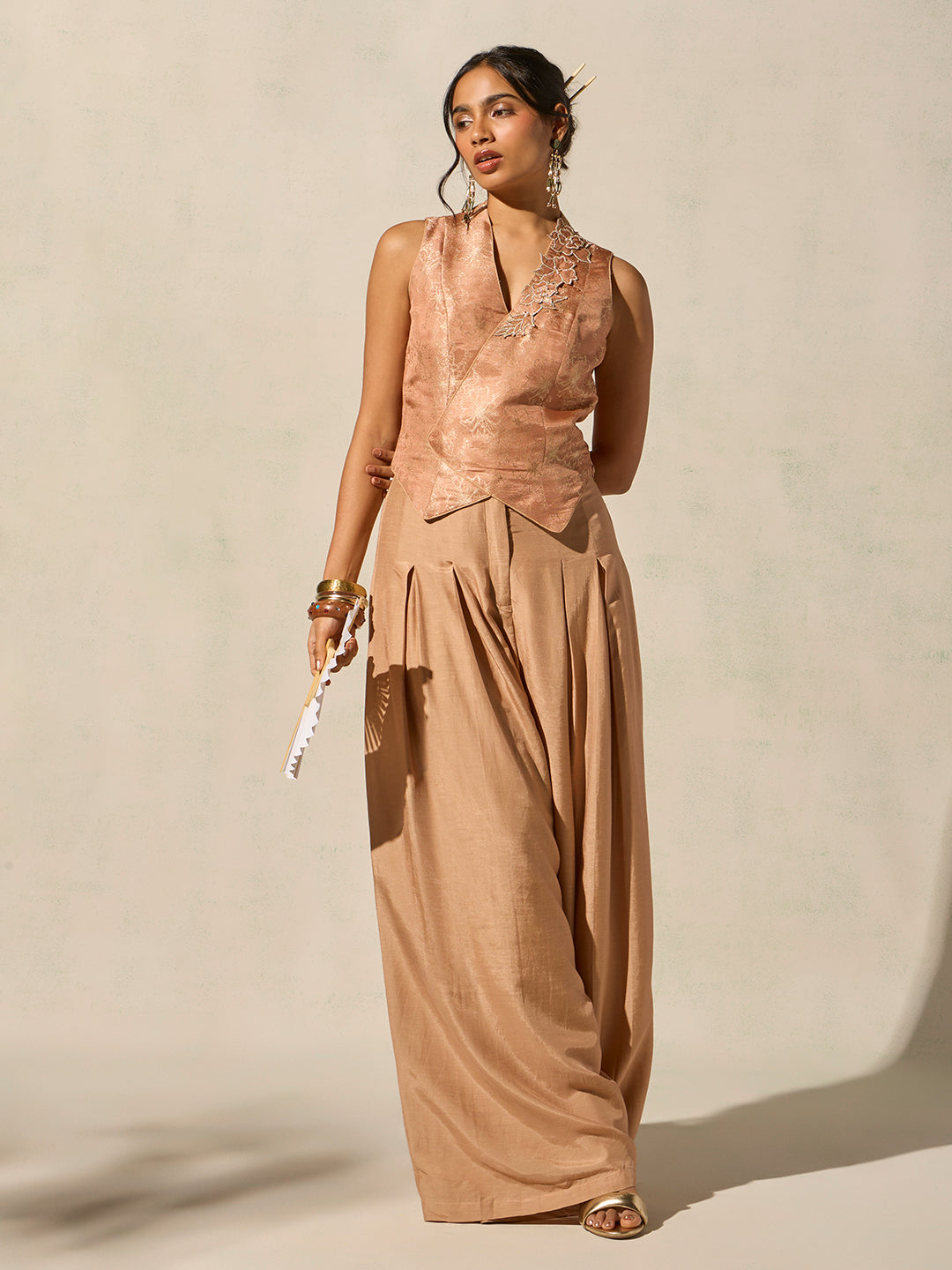 Wide-Leg Pleated Pants - Peach