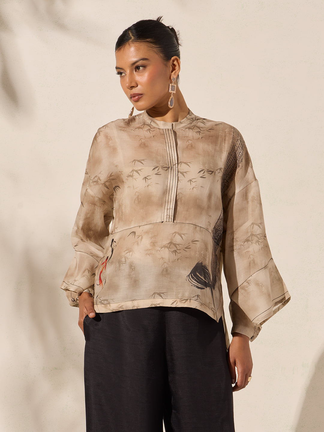 Printed Top with Camisole - Beige