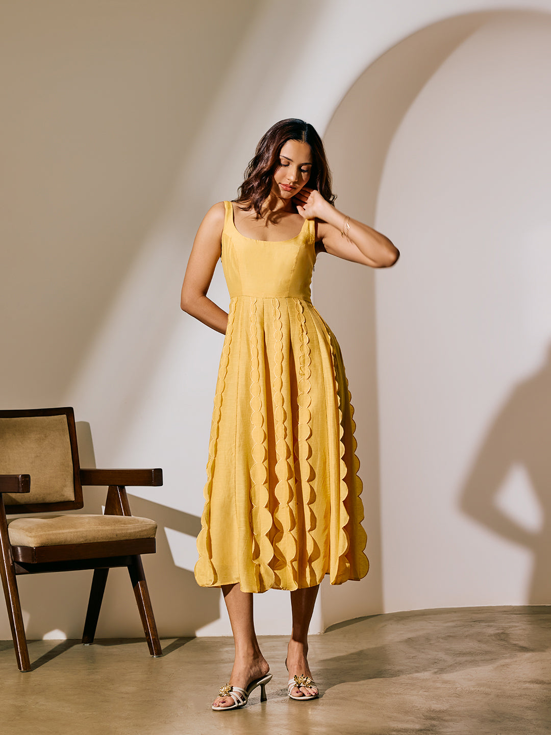 Scalloped Midi Dress - Yellow