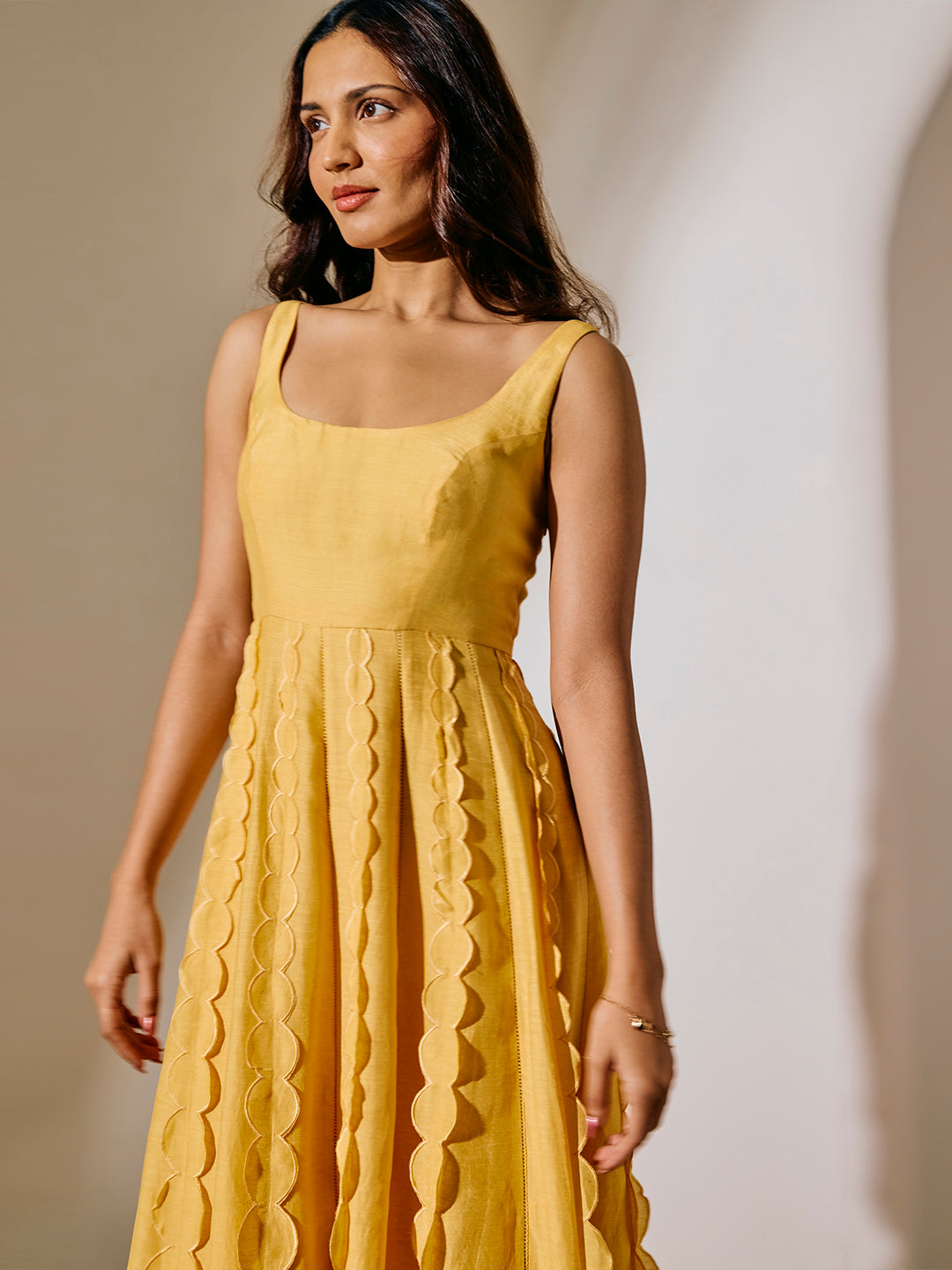 Scalloped Midi Dress - Yellow