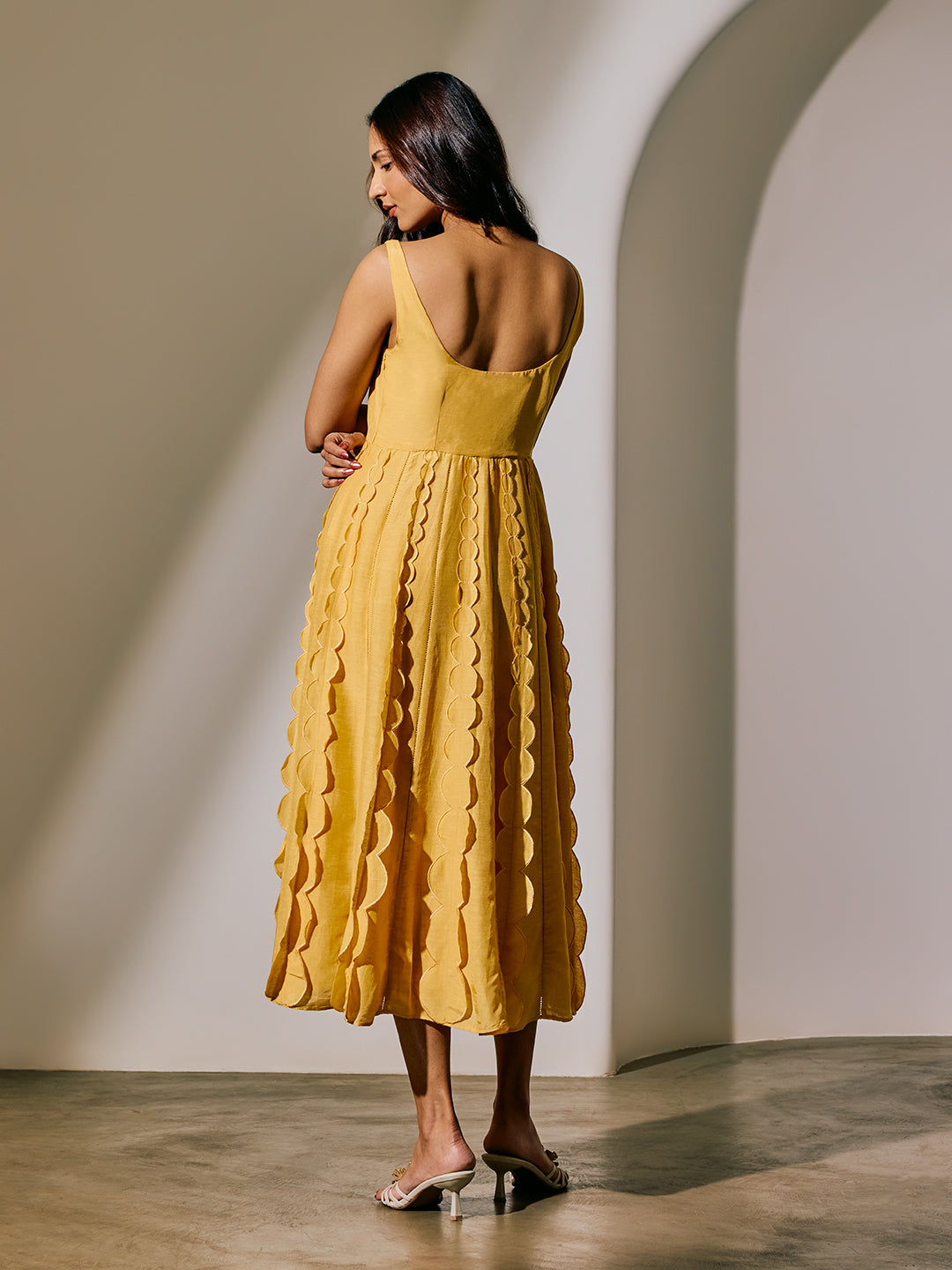 Scalloped Midi Dress - Yellow