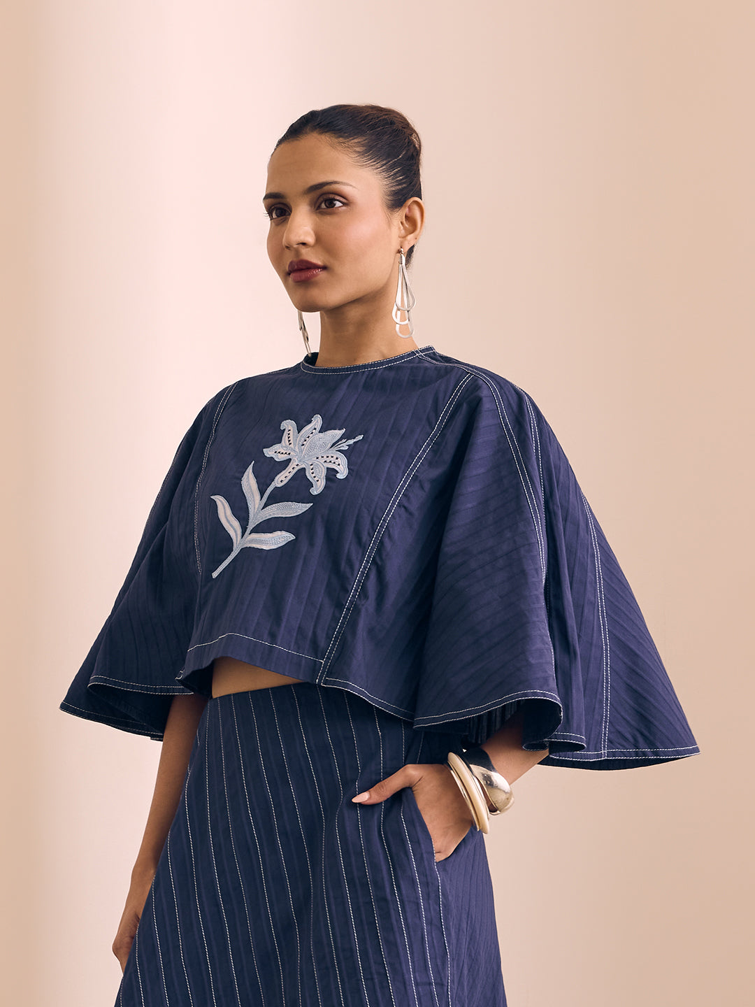 Floral Embroidered Top - Navy