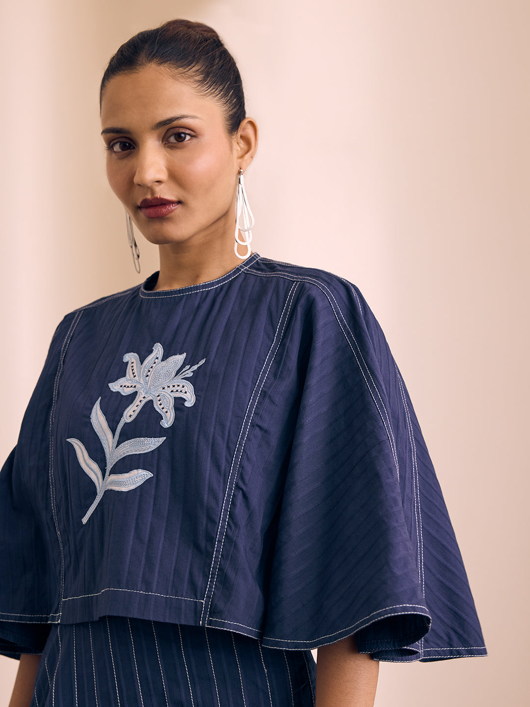 Floral Embroidered Top - Navy