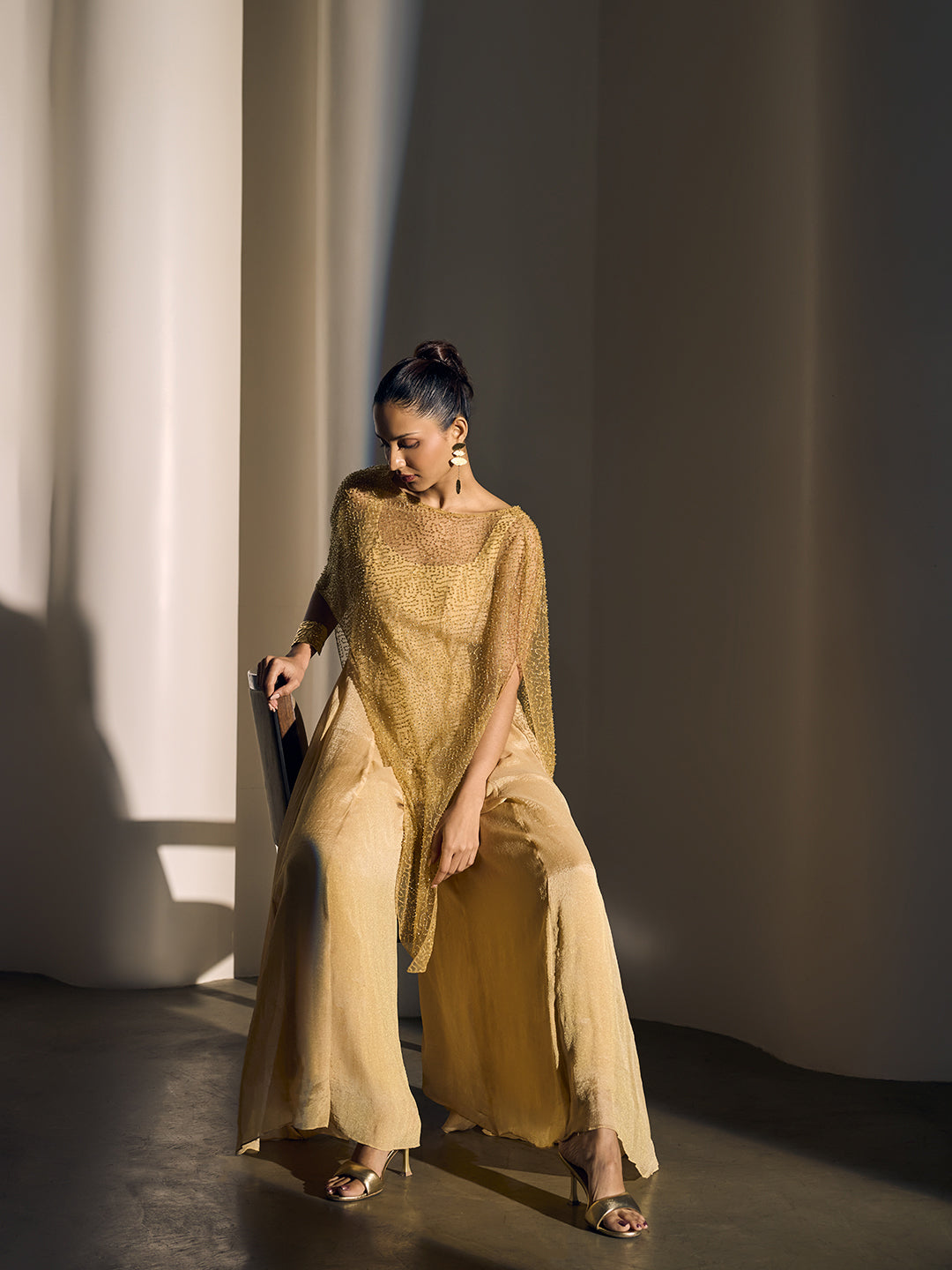 Jumpsuit with Embellished Cape - Cream