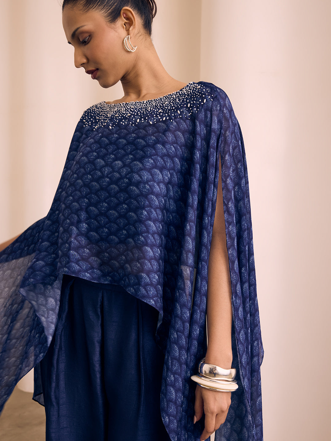 Printed Cape Top with Bustier - Navy