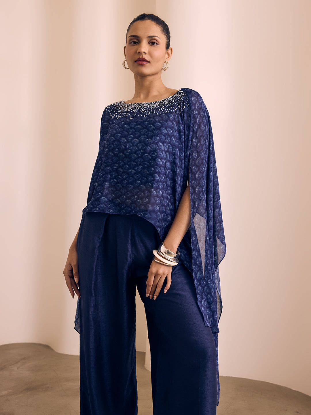 Printed Cape Top with Bustier - Navy