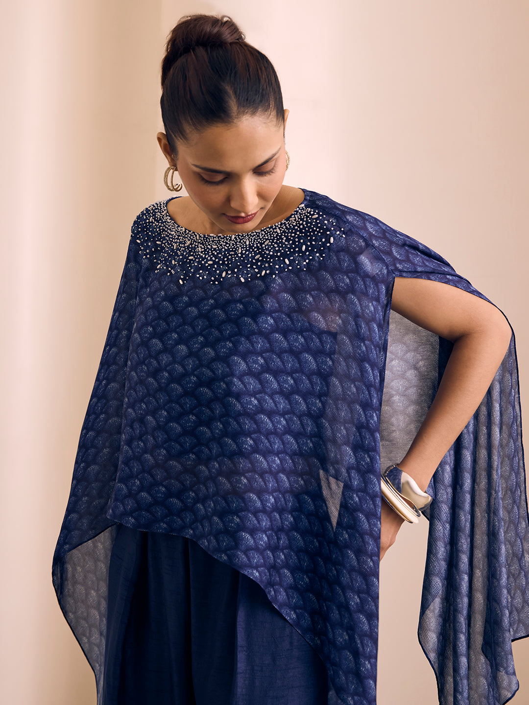 Printed Cape Top with Bustier - Navy