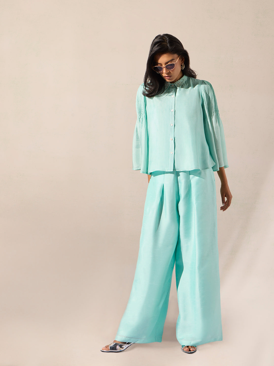 Wide-Leg Solid Pants - Blue