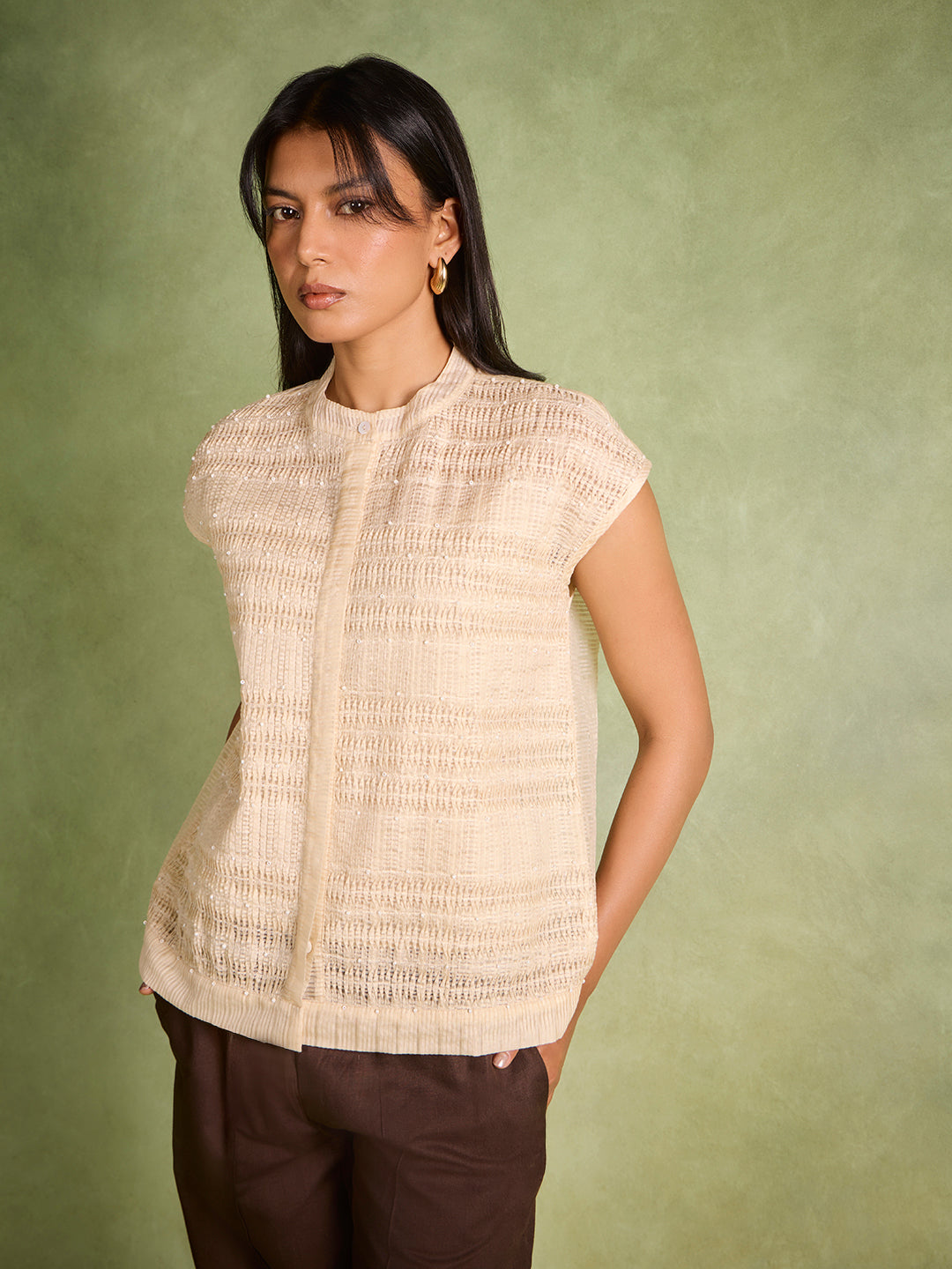 Textured Embellished Top – Beige