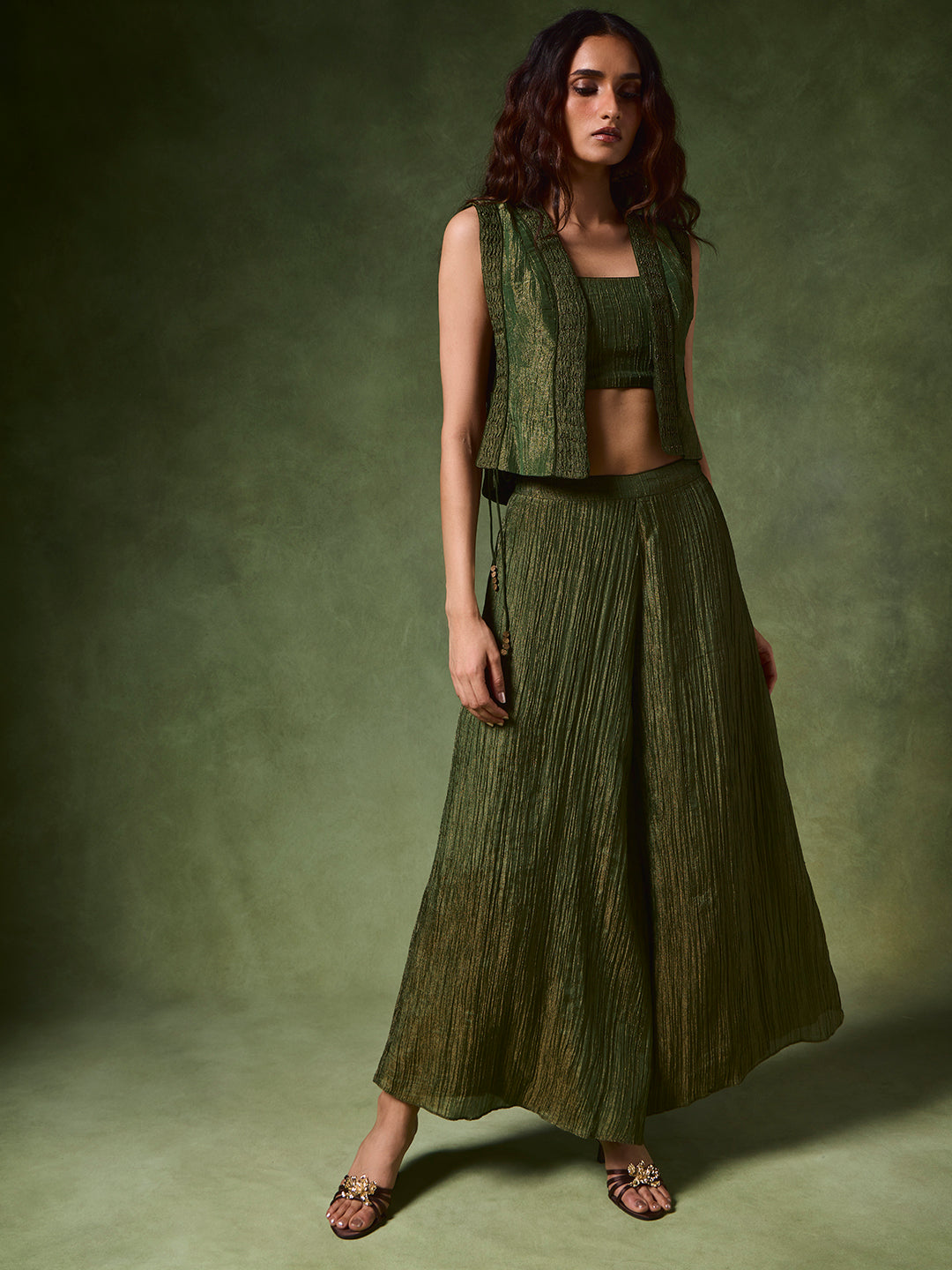 Buy Textured Top, Pants and Camisole Set – Green from Samoh