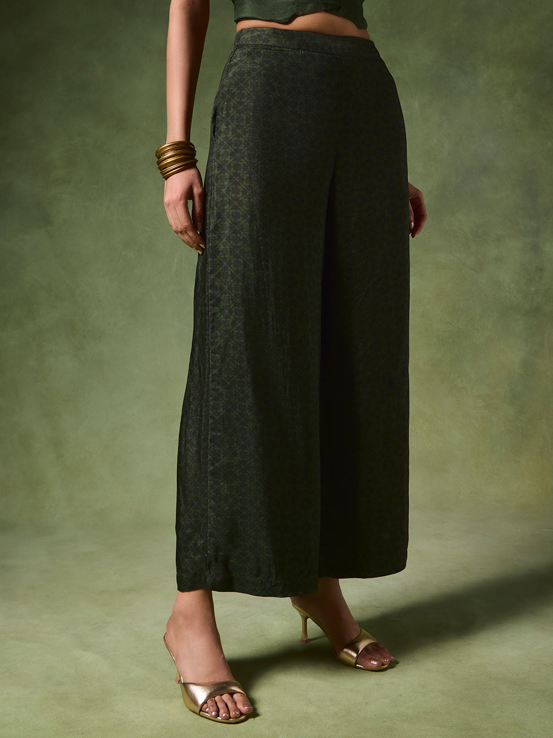 Printed Wide-Leg Pants – Green