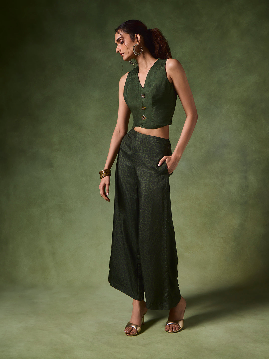 Printed Wide-Leg Pants – Green