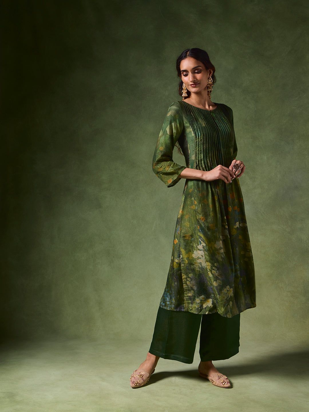 Printed A-Line Kurta – Green