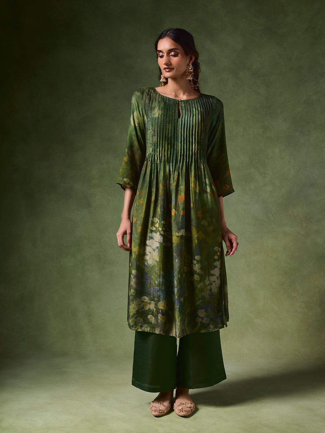 Printed A-Line Kurta – Green