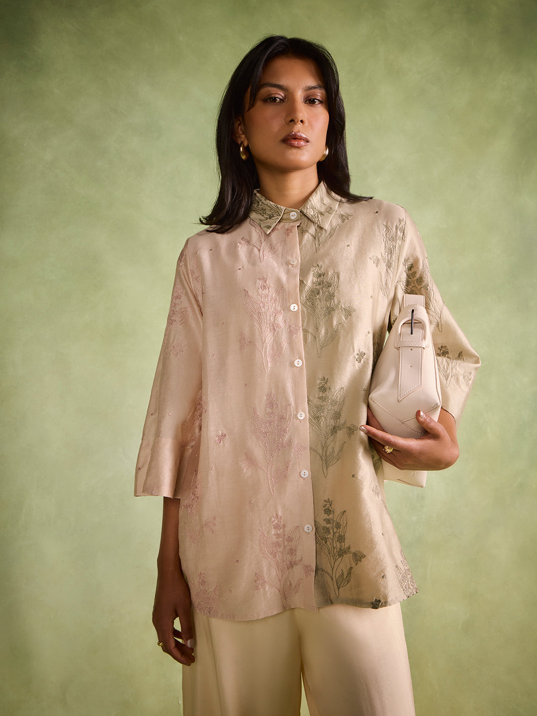Floral Embroidered Shirt– Beige