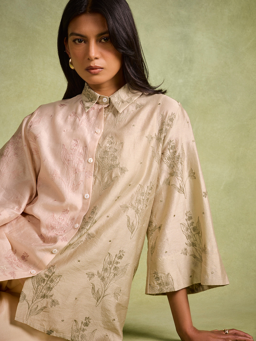 Floral Embroidered Shirt– Beige