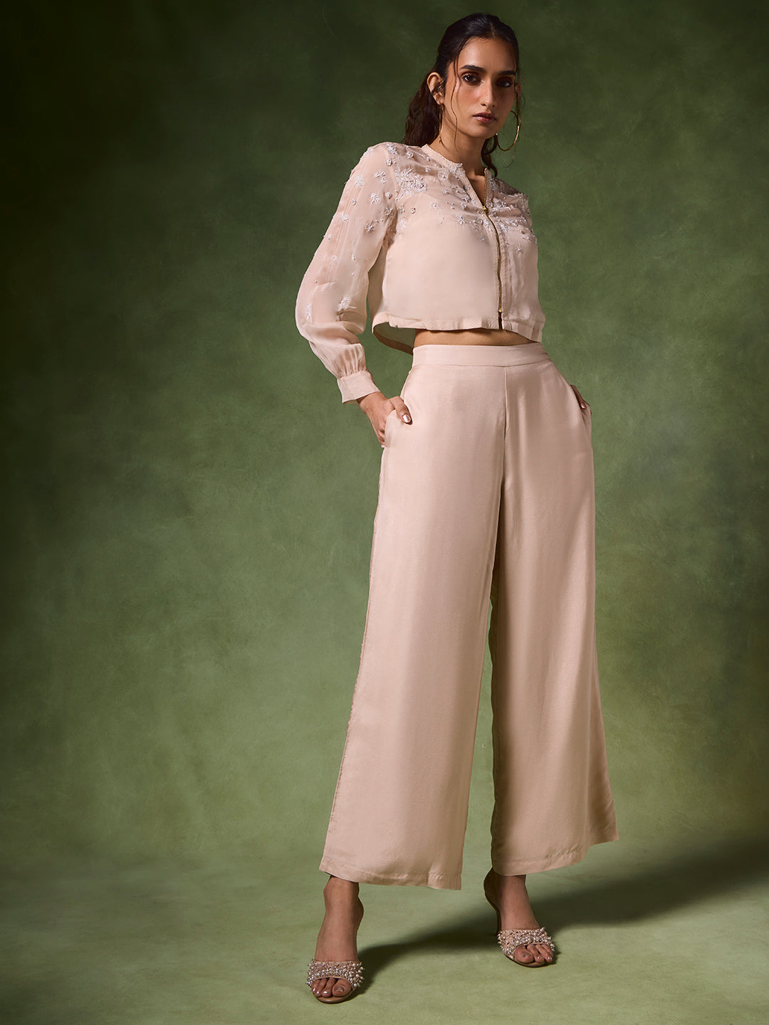 Wide-Leg Solid Pants - Beige