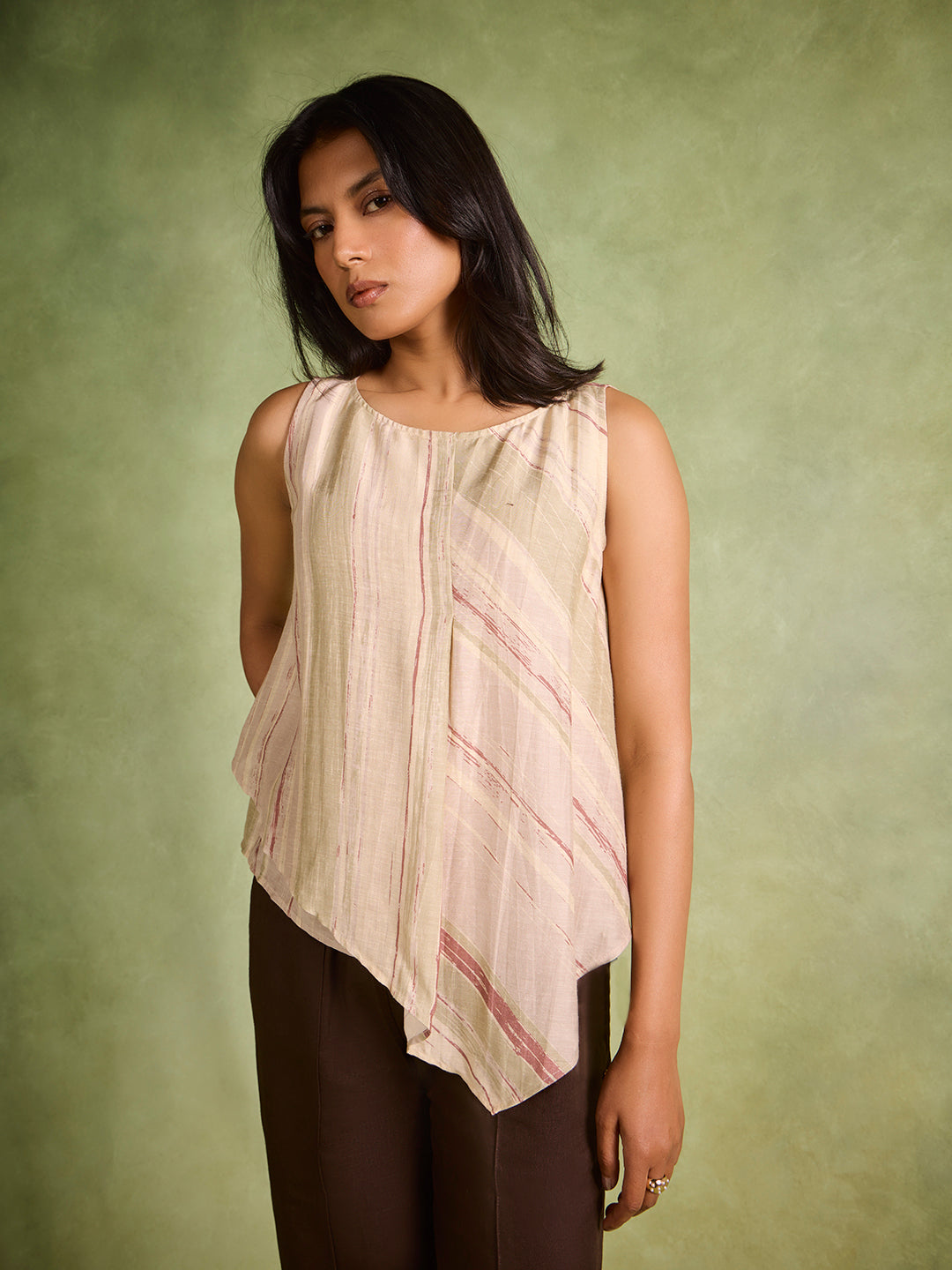 Printed Asymmetric Top – Beige