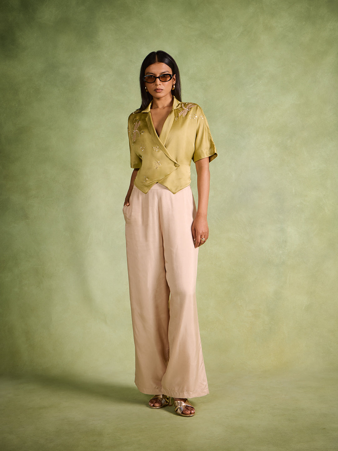 Embroidered Wrap Top – Olive