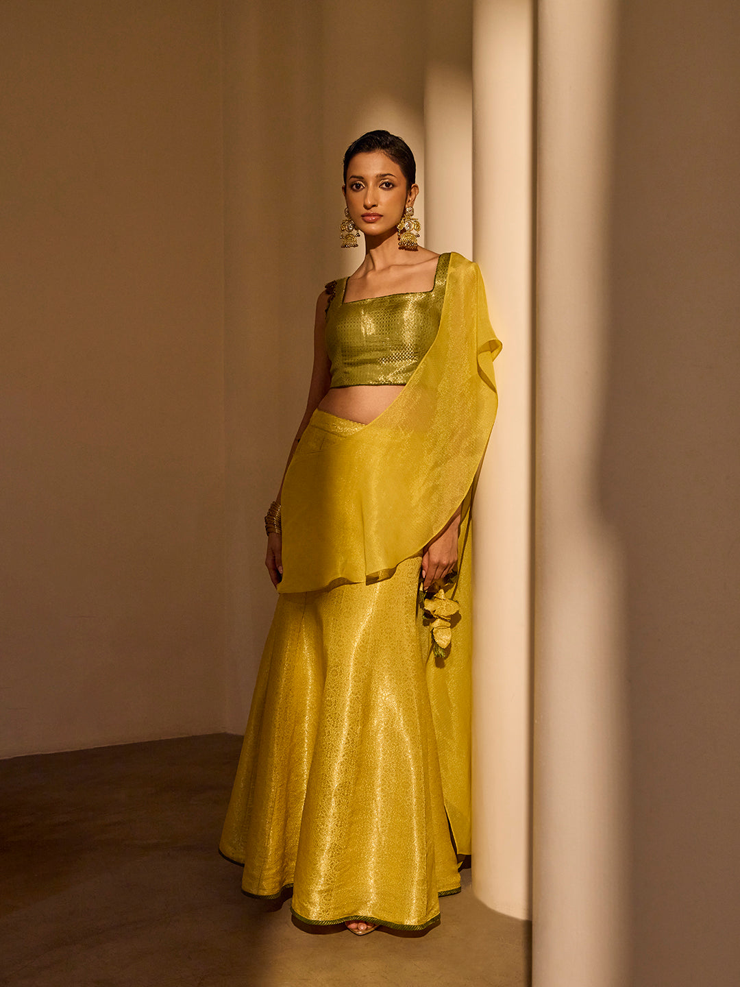 Buy Yellow Brocade Skirt with Pallu from Samoh