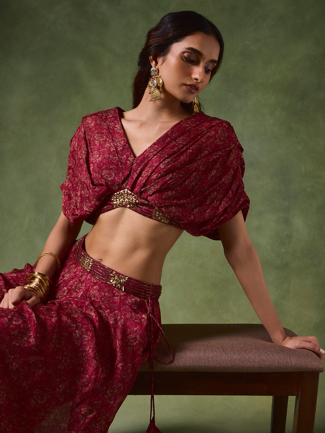 Printed Draped Blouse – Red