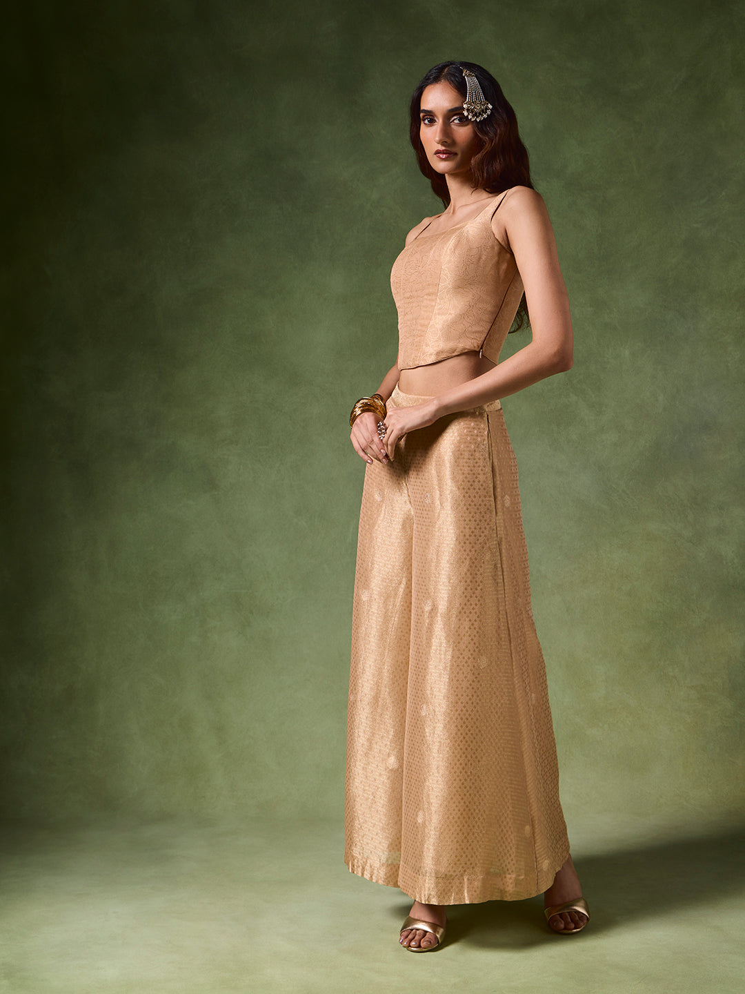 Printed Wide-Leg Palazzo – Gold