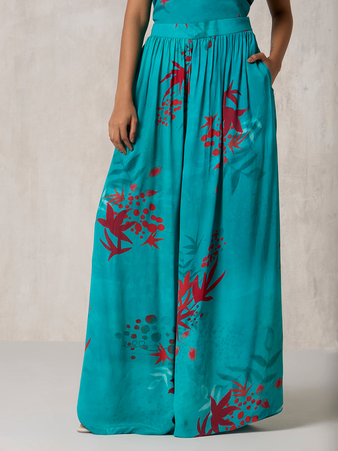 Printed Wide-Leg Palazzos - Teal