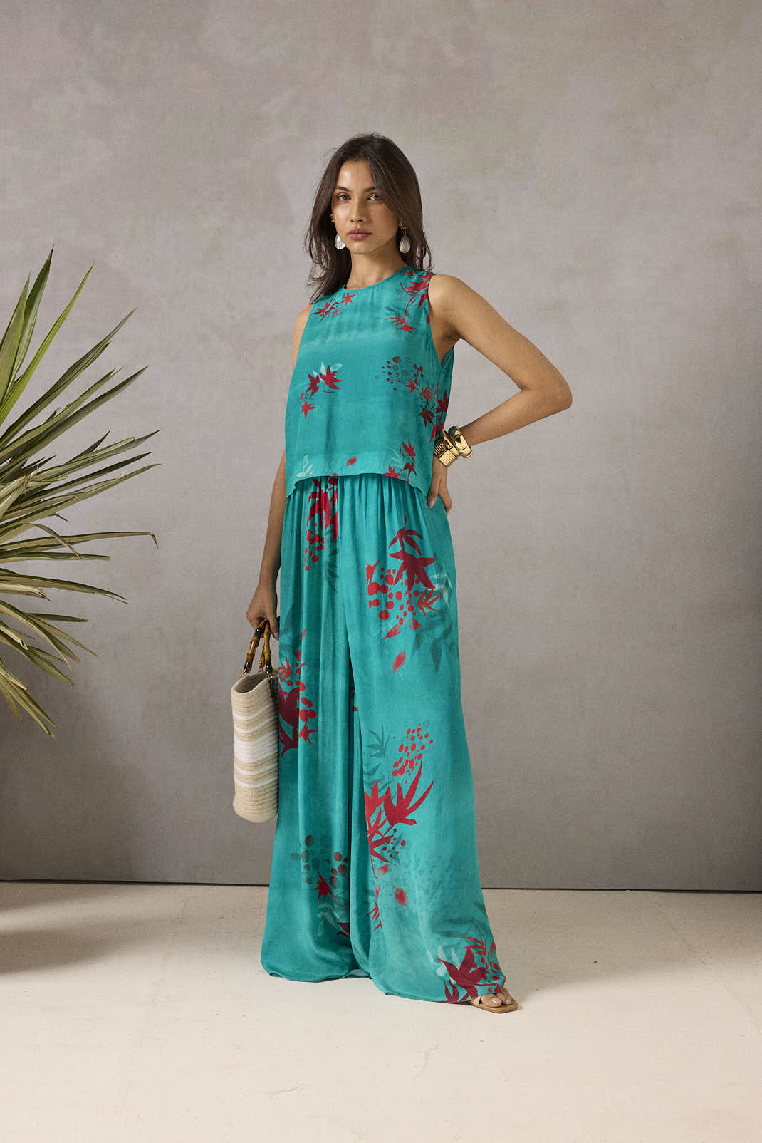 Printed Wide-Leg Palazzos - Teal