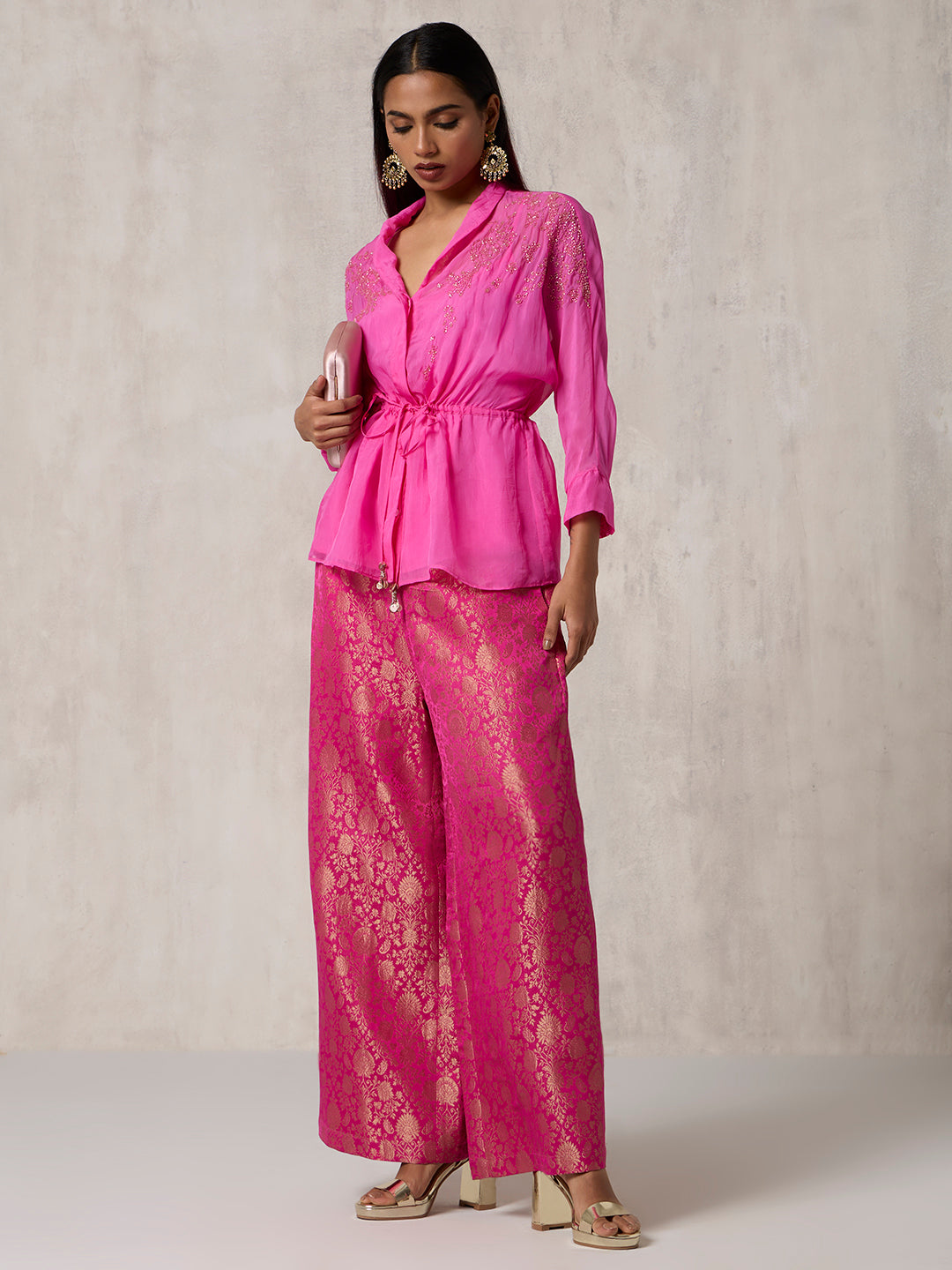 Brocade Wide-Leg Pants - Pink
