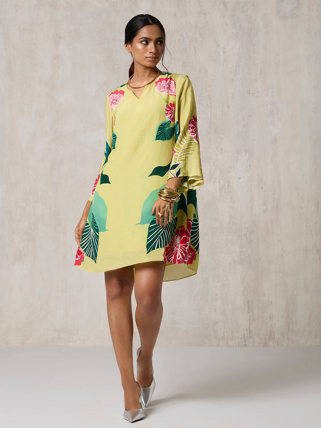 Floral Printed Short Dress - Lime