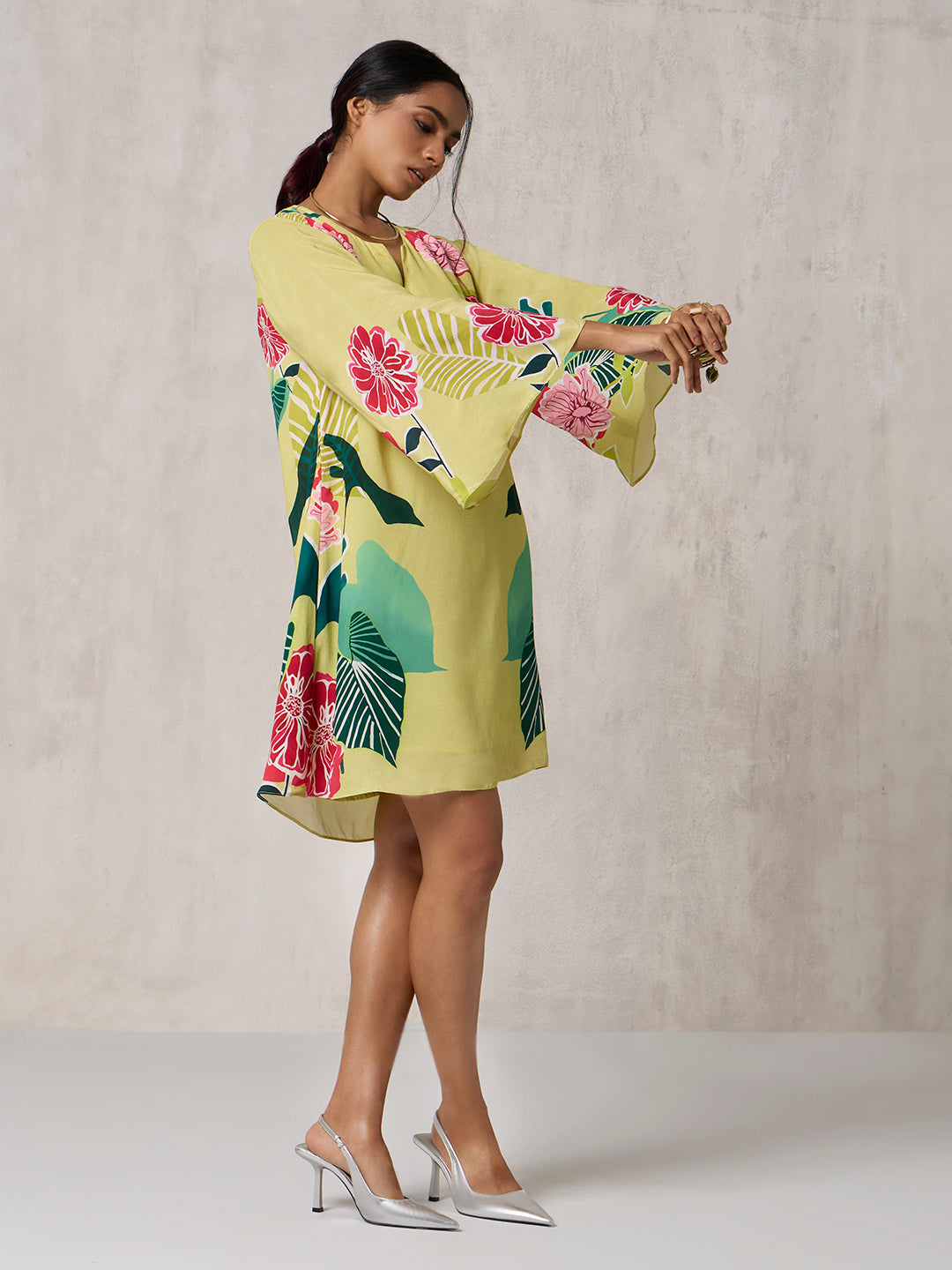 Floral Printed Short Dress - Lime