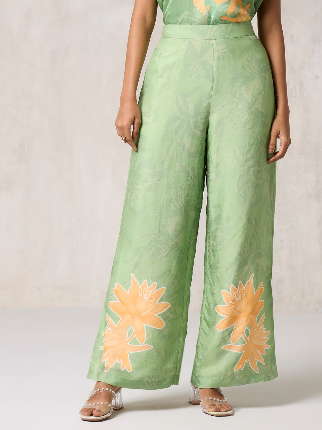 Wide-Leg Printed Trousers - Green