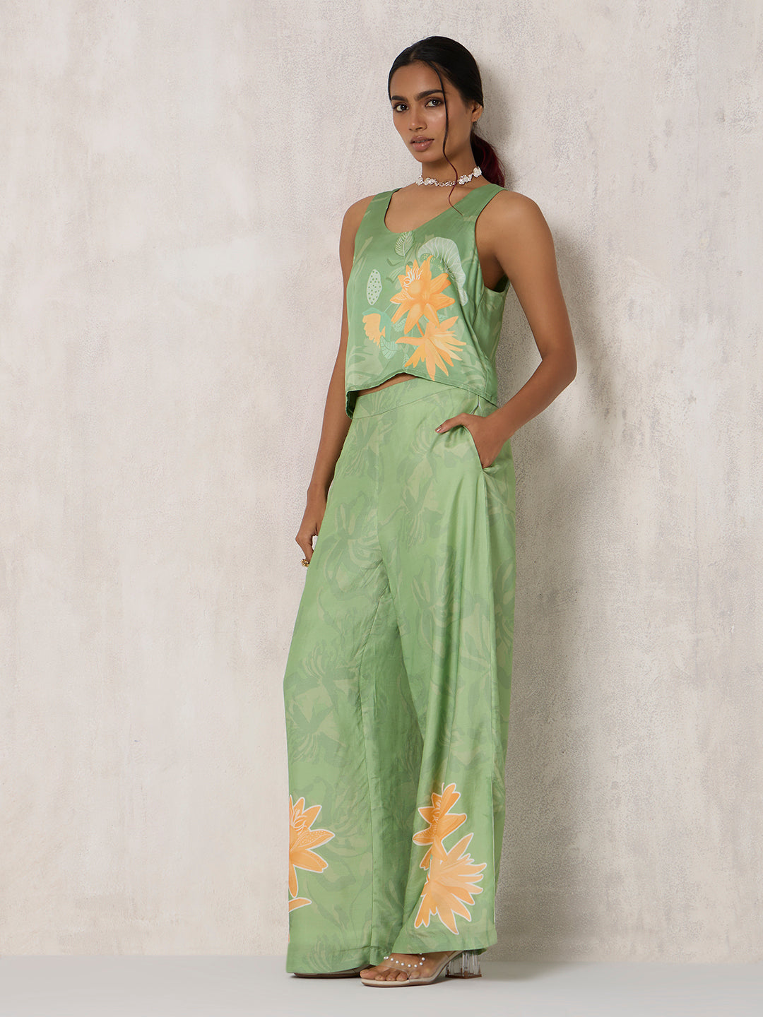 Wide-Leg Printed Trousers - Green