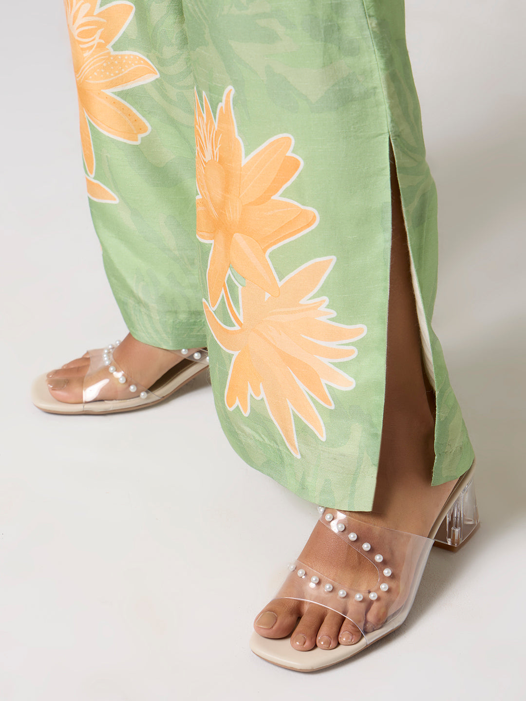 Wide-Leg Printed Trousers - Green