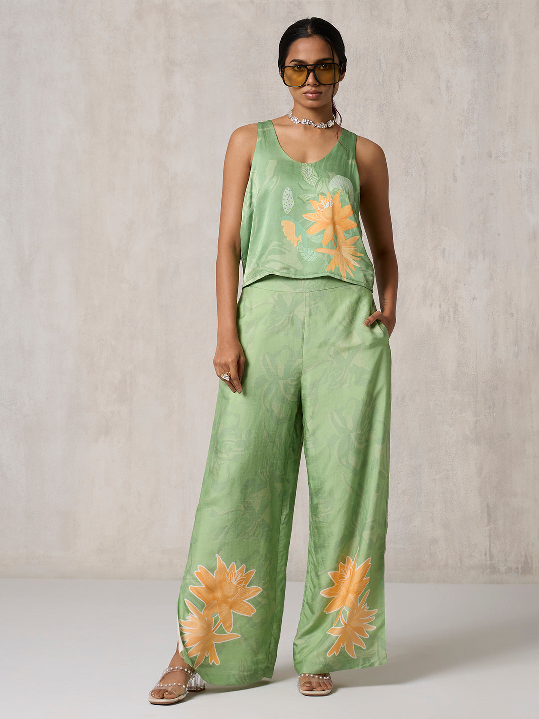 Floral Printed Crop Top - Green