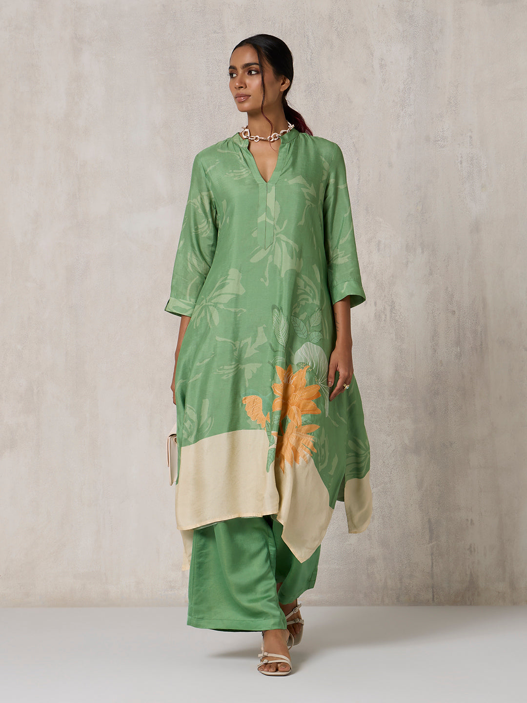 Floral Printed A-Line Kurta - Green
