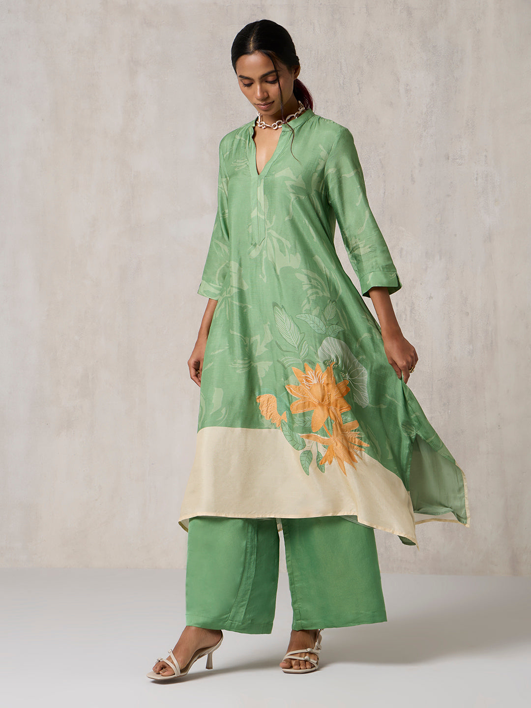 Floral Printed A-Line Kurta - Green