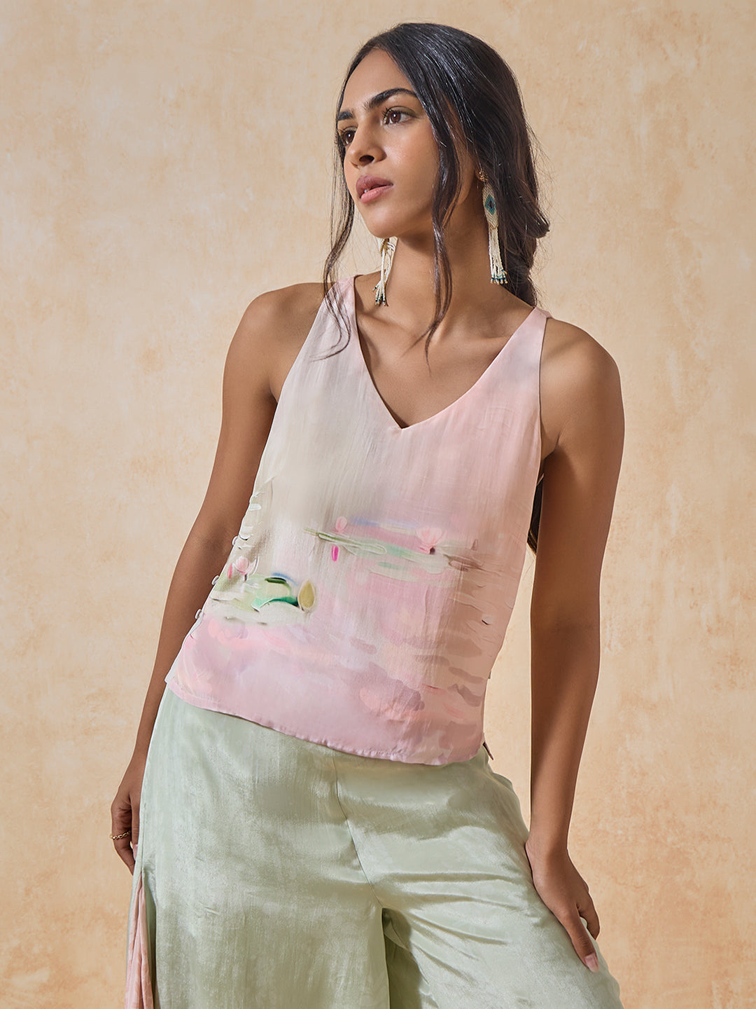 Printed Satin Top - Pink