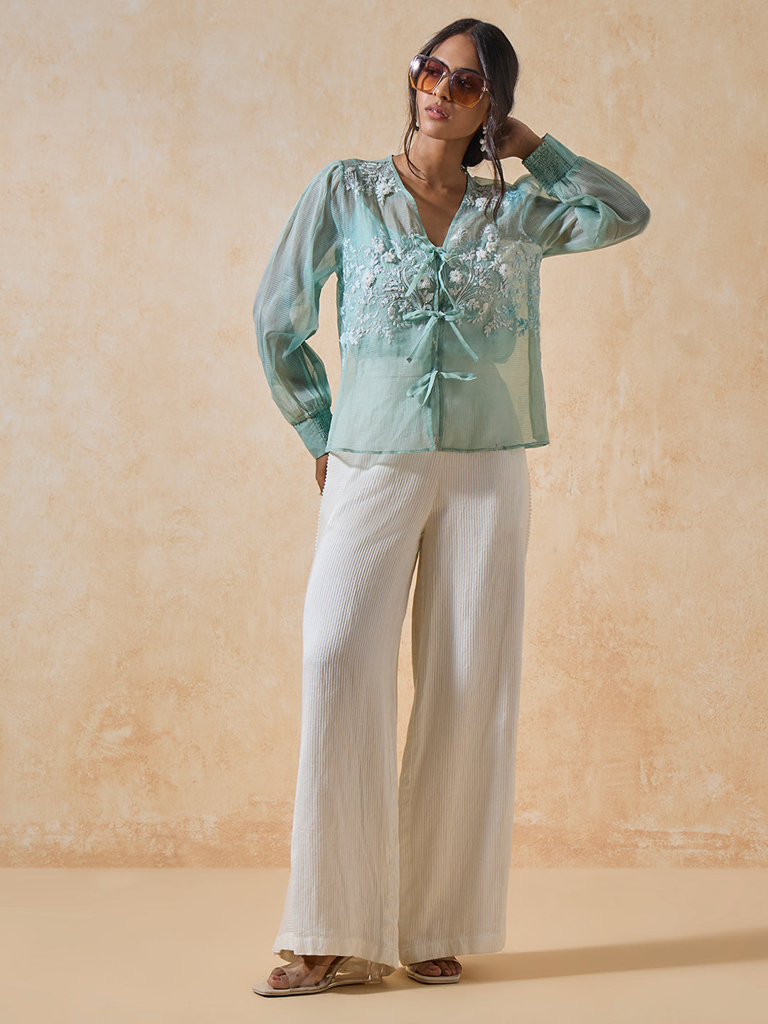 Floral Embroidered Sheer Top - Blue