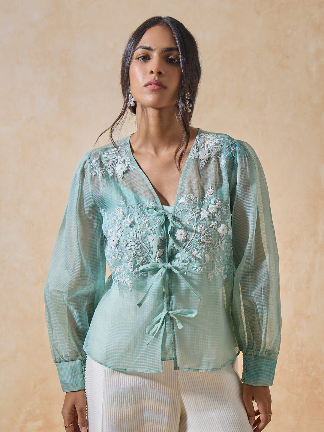 Floral Embroidered Sheer Top - Blue