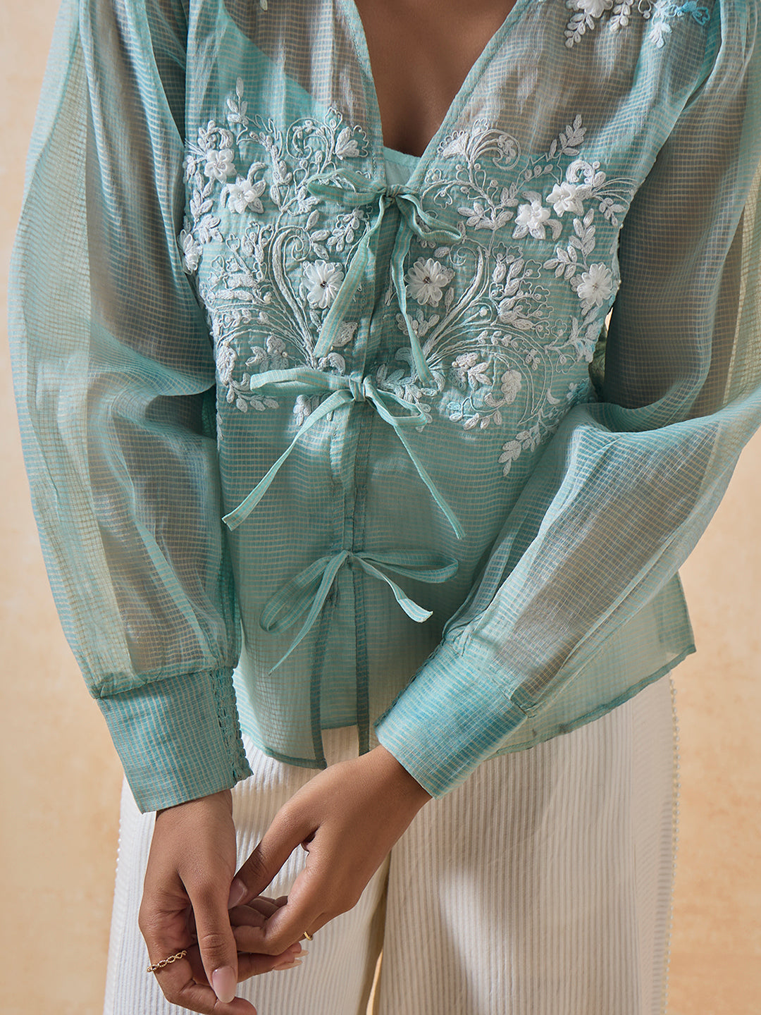 Floral Embroidered Sheer Top - Blue