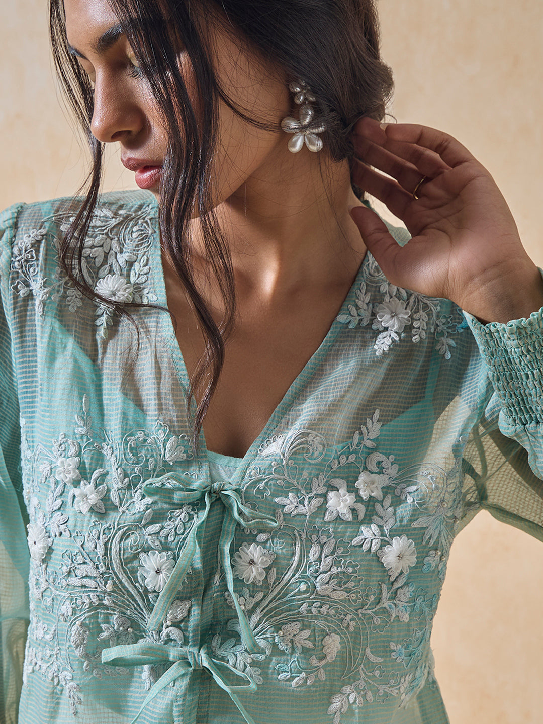 Floral Embroidered Sheer Top - Blue