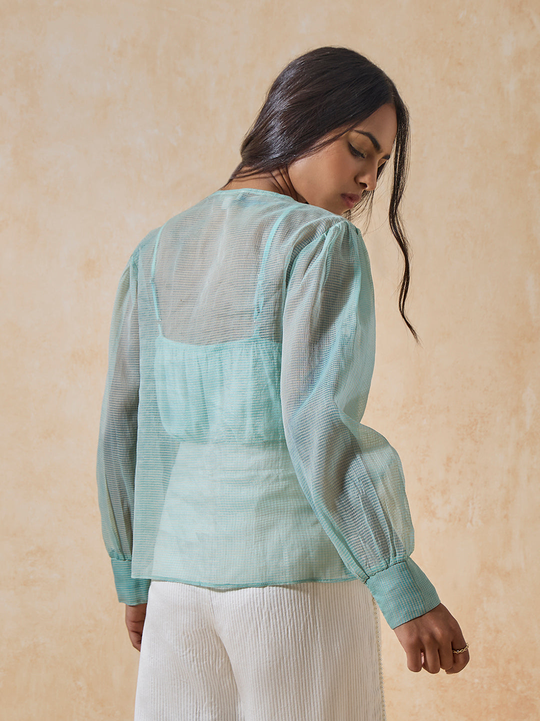 Floral Embroidered Sheer Top - Blue