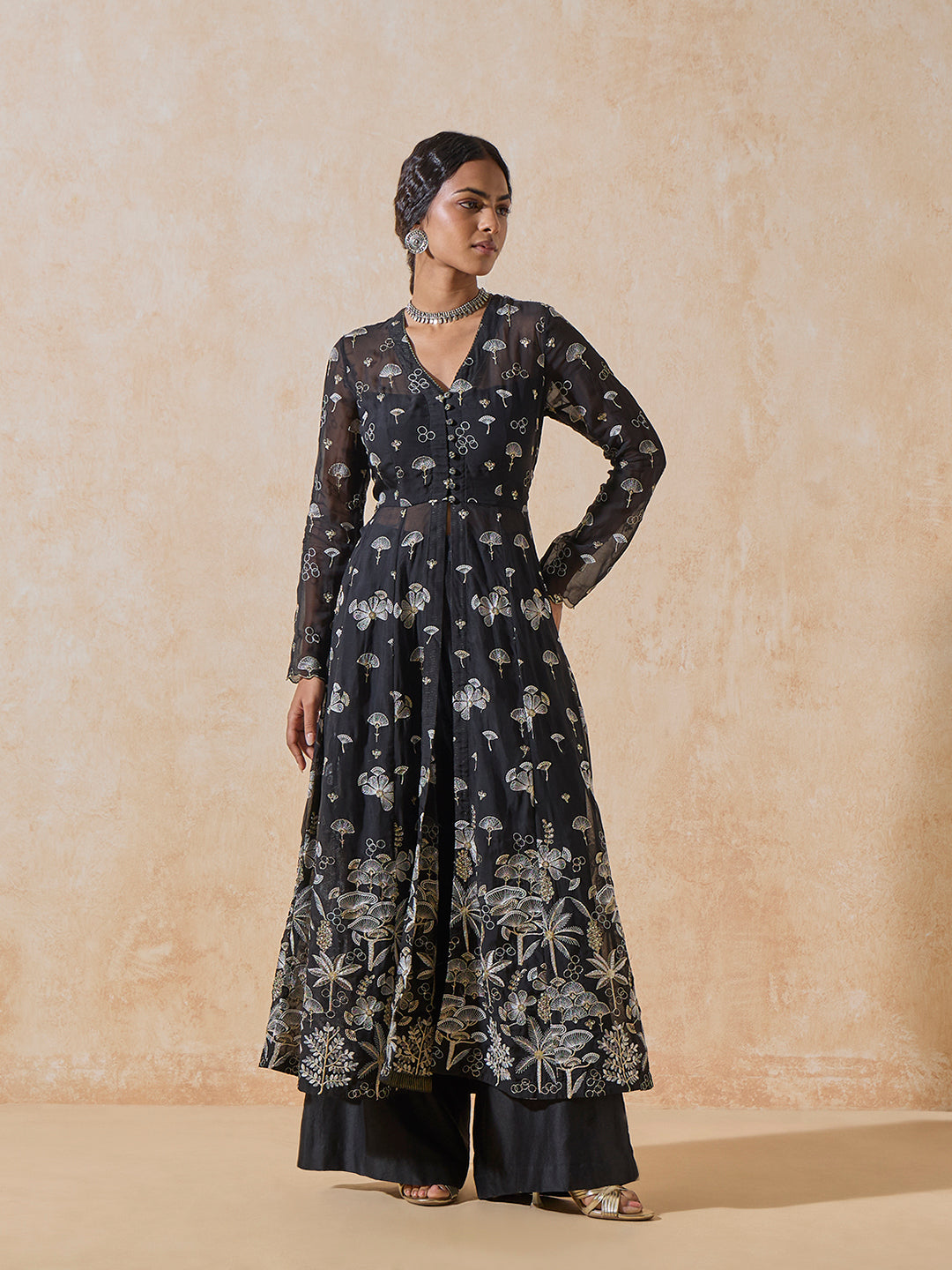 Embroidered A-Line Kurta - Black