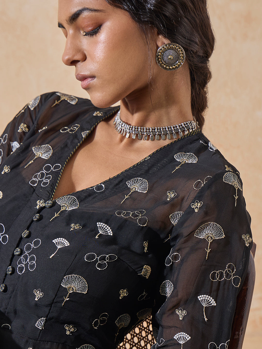Embroidered A-Line Kurta - Black