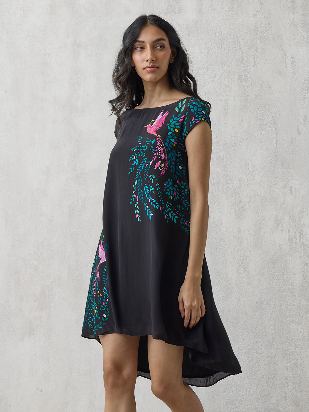 High Low Printed Dress - Black