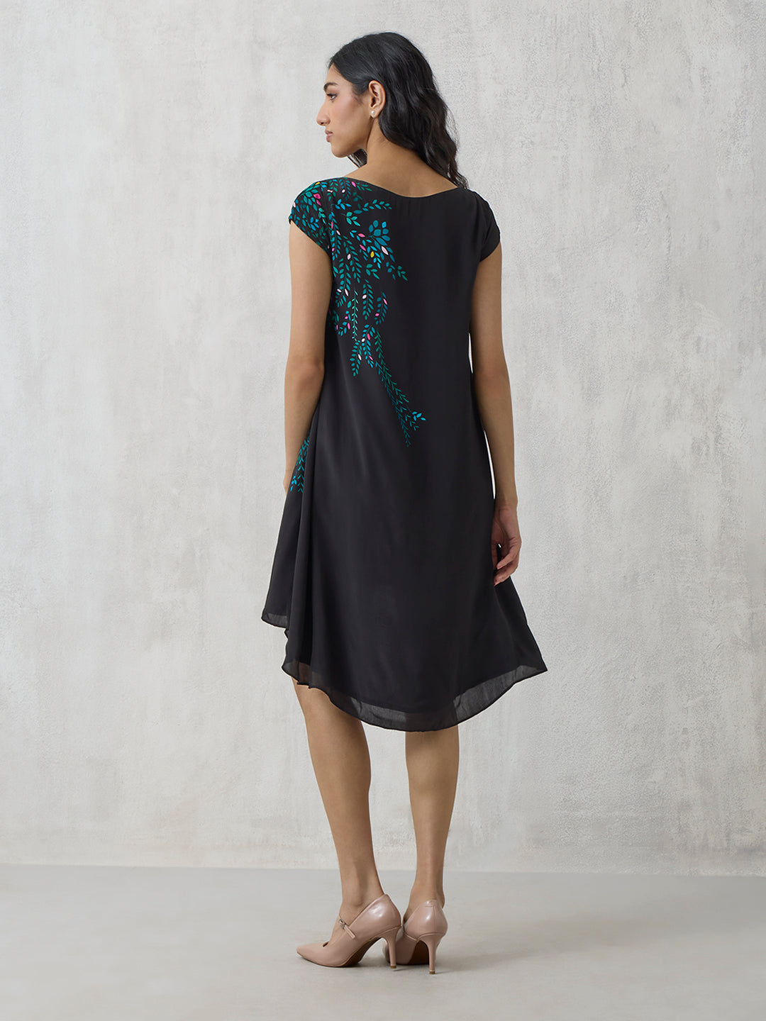 High Low Printed Dress - Black