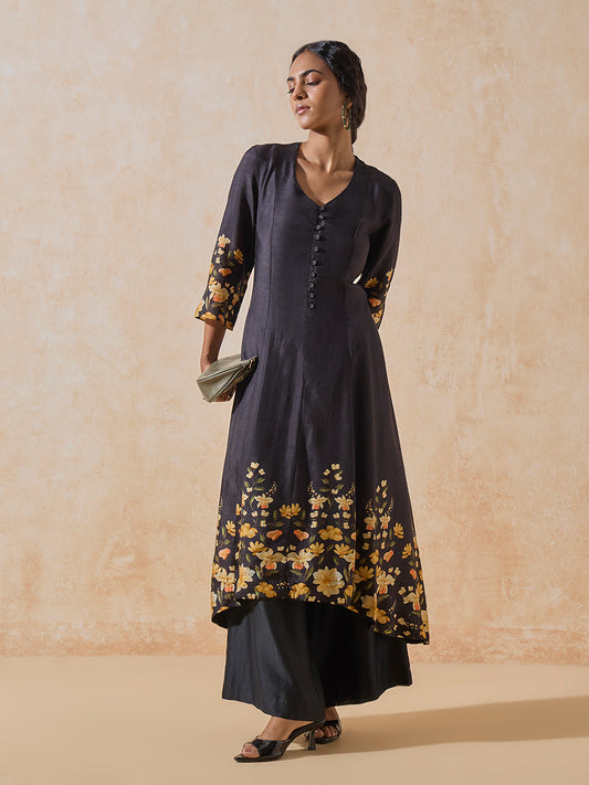 Printed High-Low Kurta - Black