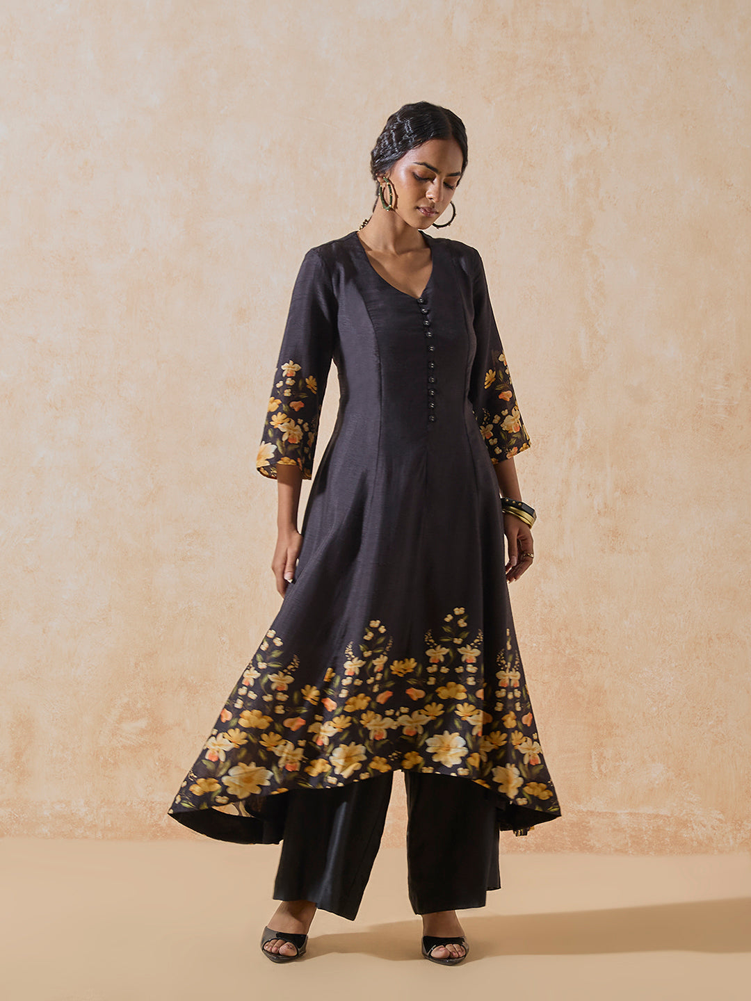 Printed High-Low Kurta - Black