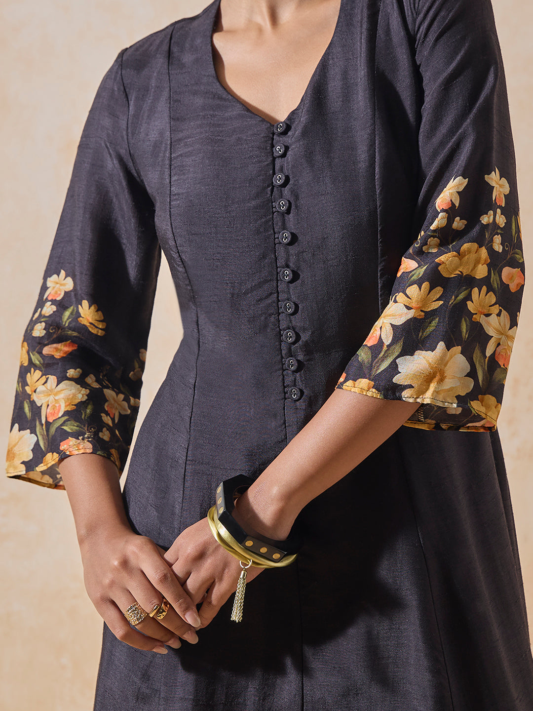Printed High-Low Kurta - Black
